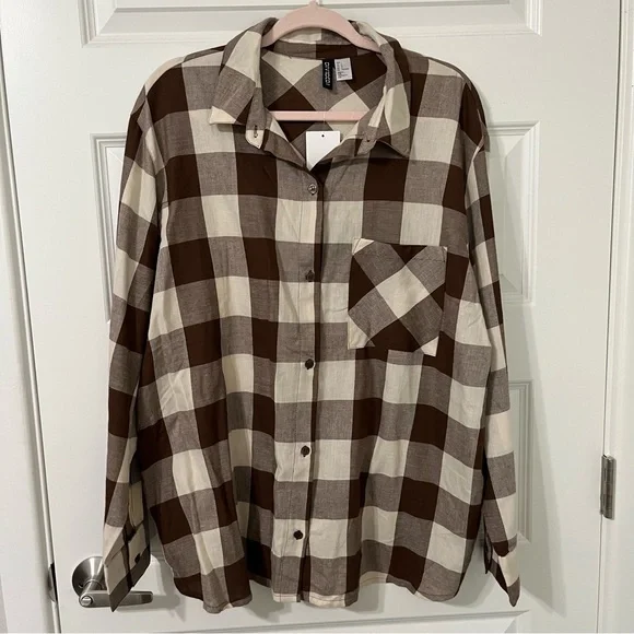 H&M Woman Divided Brown Flannel Plaid Long Sleeve Shirt Top Button Down L New - Picture 1 of 5